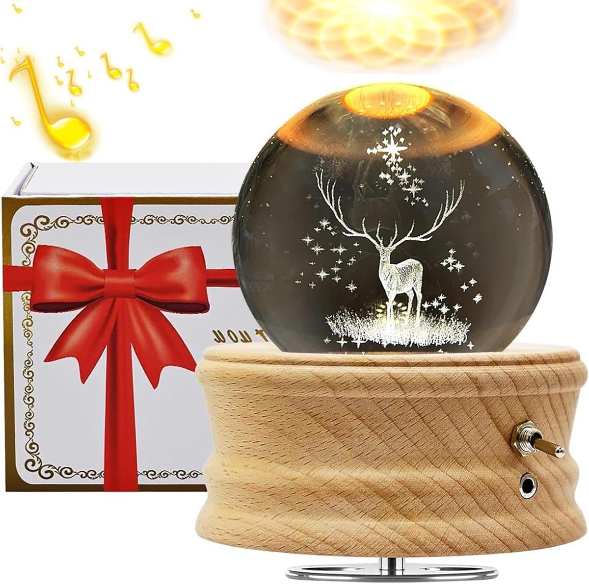 Muziekdoos Kristallen Bol - Decoratie Geschenk - Sfeerverlichting Creëren - 3D Lichtprojectie - 7 cm Bol - Warm Wit
