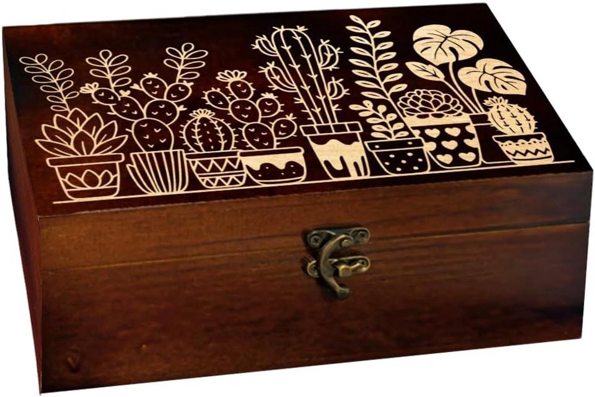 Houten Herinneringsdoos - Souvenir Kistje - Sieraden Opbergen - Met Plantenmotief - 24 x 14 x 9 cm - Houtkleur