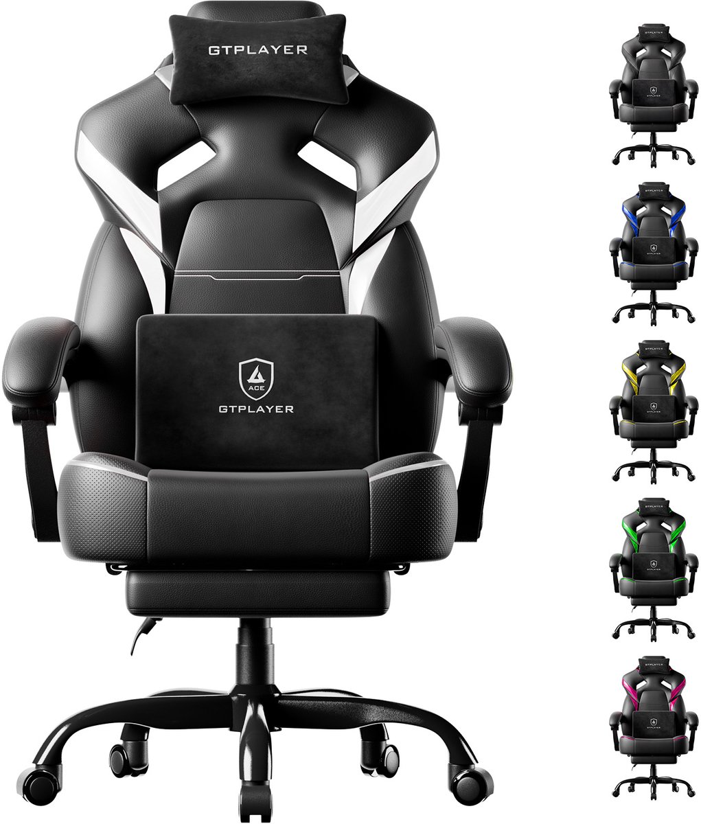 GTPLAYER - GamingStoel - 200kg met Voetensteun en Lenden Hoofdkussen - Wit-zwart