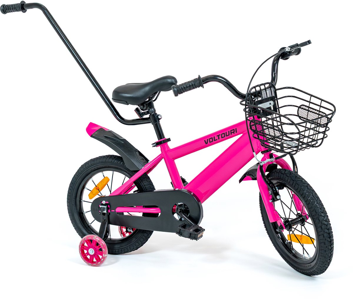 Kinderfiets 14 inch - Zijwieltjes met licht, duwstang, mandje - 3-6 jaar