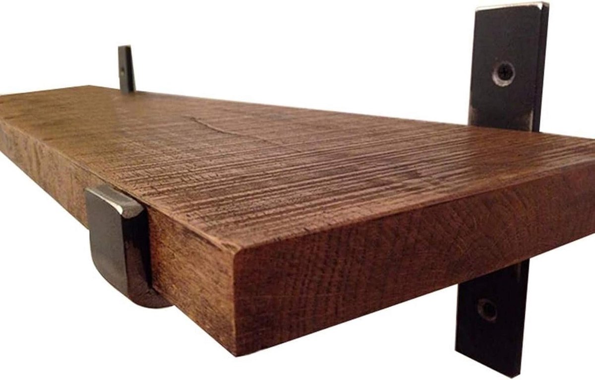Wandplank Zwevend met Metalen Beugel – Retro Houten Wandrek 80 cm – Industrieel Loft Design – 3 cm Dik Massief Hout – Draagbare Muurplank voor Woonkamer, Bar & Keuken – HomebyNicole