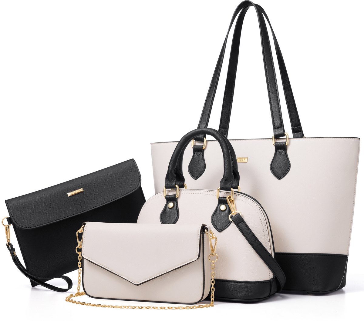 MODENUIT Handtassen - Handtas Set Voor Dames, Grote En Middelgrote Schoudertas Met Kleine En Grote Portemonnees, PU, Zwart + Wit, 33 x 26,5 cm