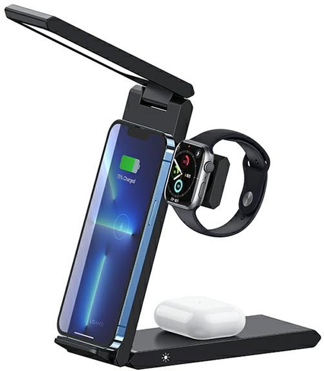 USAMS CD181 - Draadloze oplader - Wireless Charger - Tafellamp - 15W - 3 in 1 - Vouwbaar