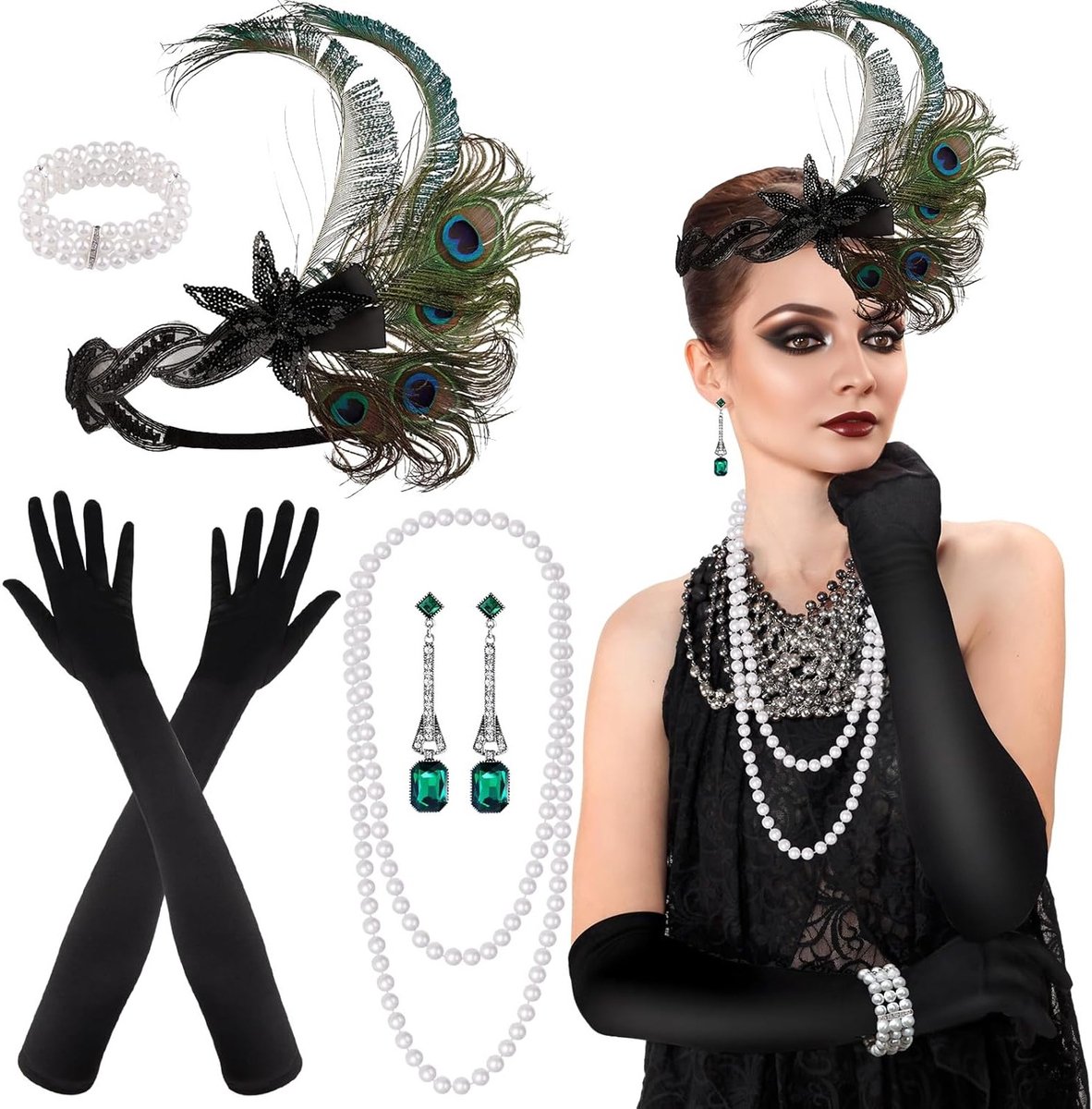 7-delig jaren '20 Flapper Set met Hoofdband, Lange Zwarte Handschoenen, Ketting en Oorbellen voor een Glamoureuze Gatsby Look