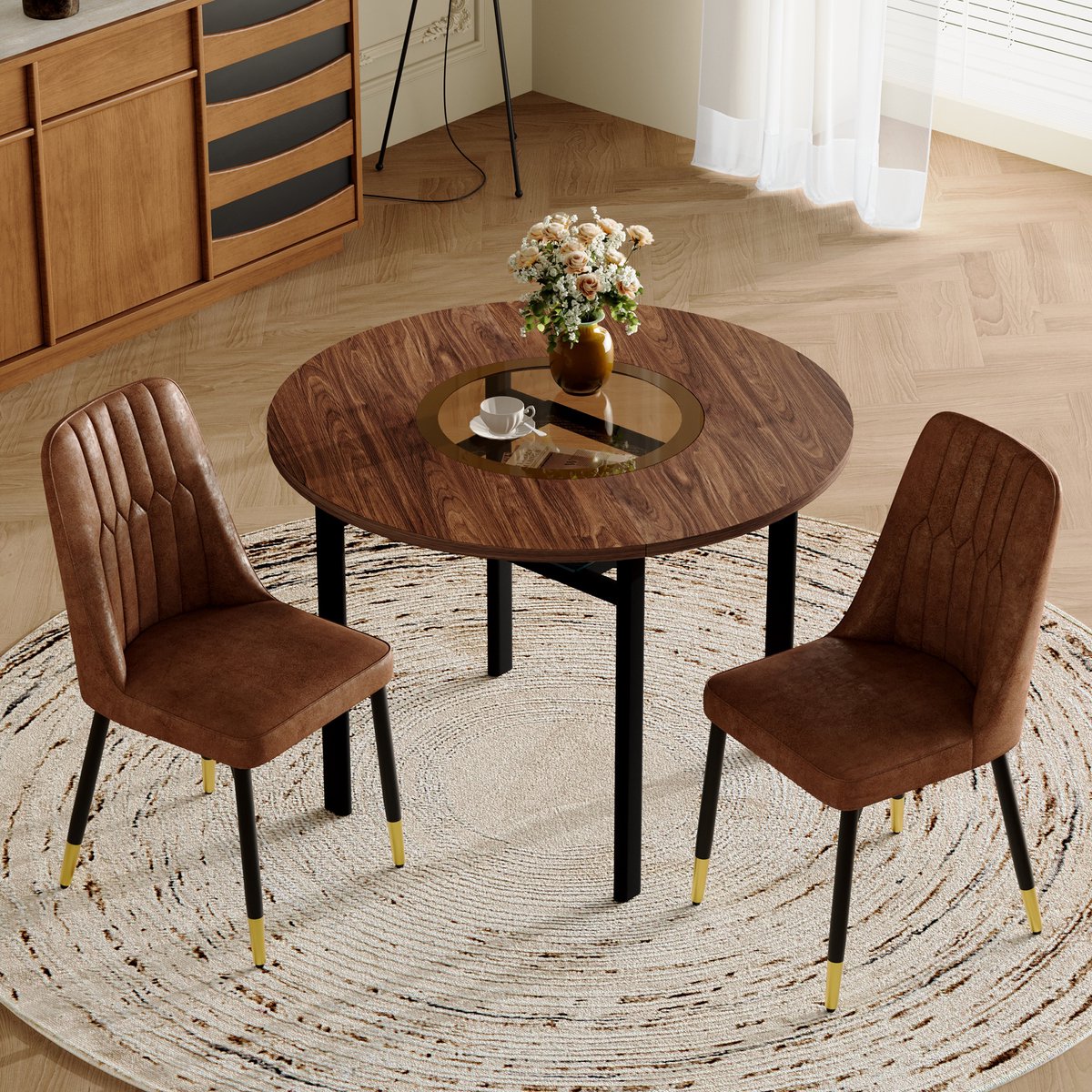 Moderne minimalistische ronde eettafelset (met 2 bruine stoelen van technische stof met zwarte metalen poten), ronde tafel met een diameter van 100 cm in houtlook, geschikt voor eetkamer en keuken.