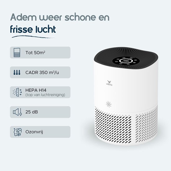 Vibrix PureFlow50 Luchtreiniger / Air Purifier – HEPA H13 + koolstoffilter – 350 m³/u – Voor kamers tot ca. 50 m² – Ionisator – App-bediening – Zeer stil met slaapstand – Luchtkwaliteitindicator