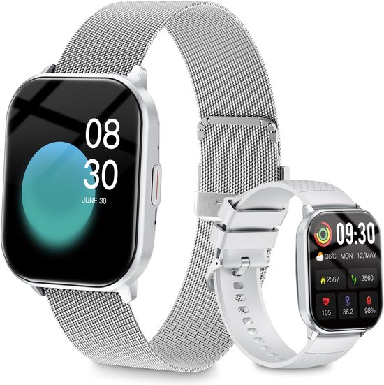 Smartwatch - Belfunctie - Sporthorloge voor dames - Waterbestendig voor dagelijks gebruik - Met hartslagmeting, slaapmonitoring, stappenteller en muziekbediening - Compatibel met Android- en iOS-systemen - Zilver (siliconen bandje + stalen bandje)