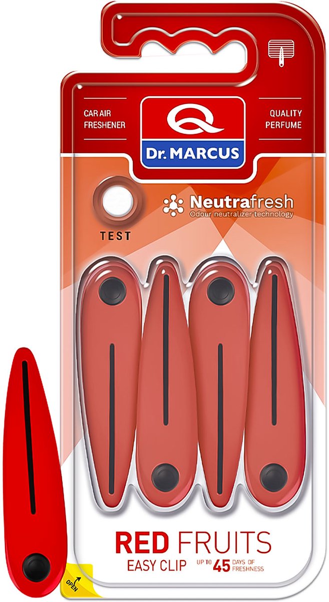 Dr. Marcus Easy Clip Red Fruits luchtverfrisser met neutrafresh technologie - Autogeurtje voor in de auto - Tot 45 dagen geurverspreiding - 4 clips voor 4 sterktes