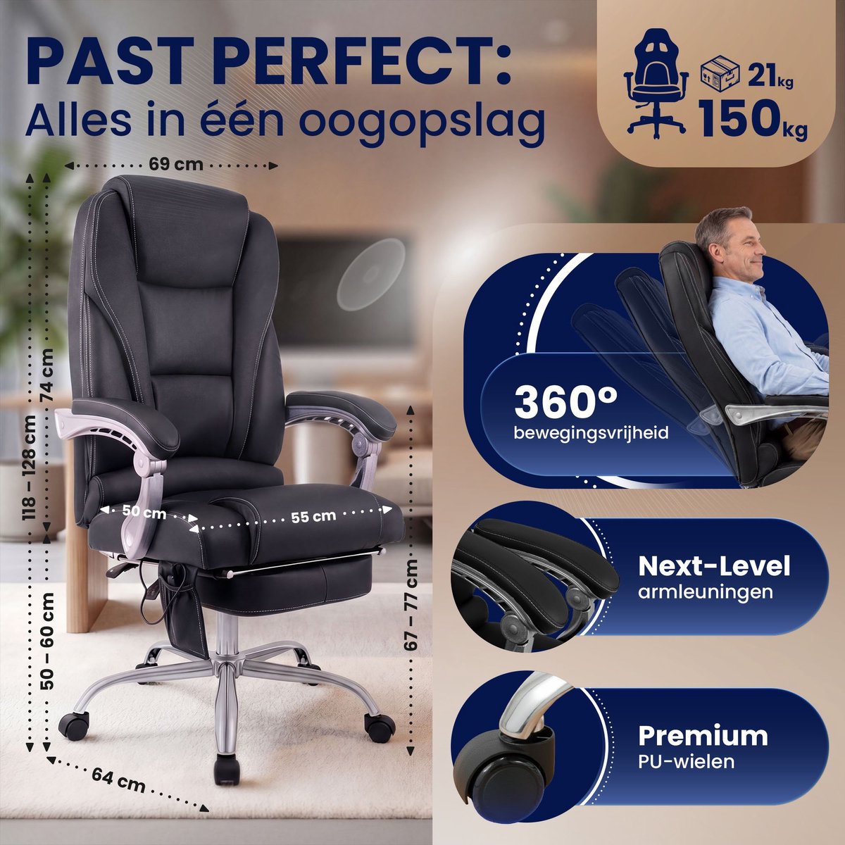 CLP Pacific Bureaustoel Ergonomisch met Massagefunctie - - afbeelding 2