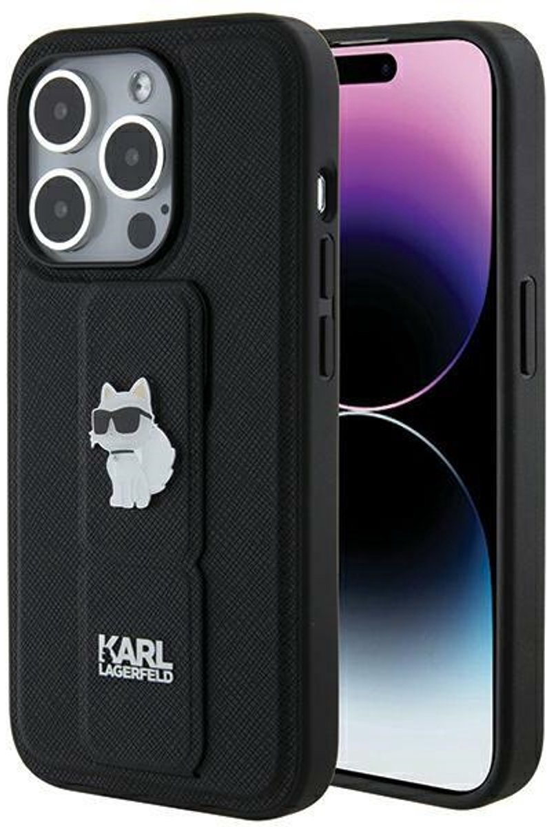 Karl - Lagerfeld - Gripstand Saffiano Choupette Pins hoesje voor iPhone - 14 - Pro - zwart