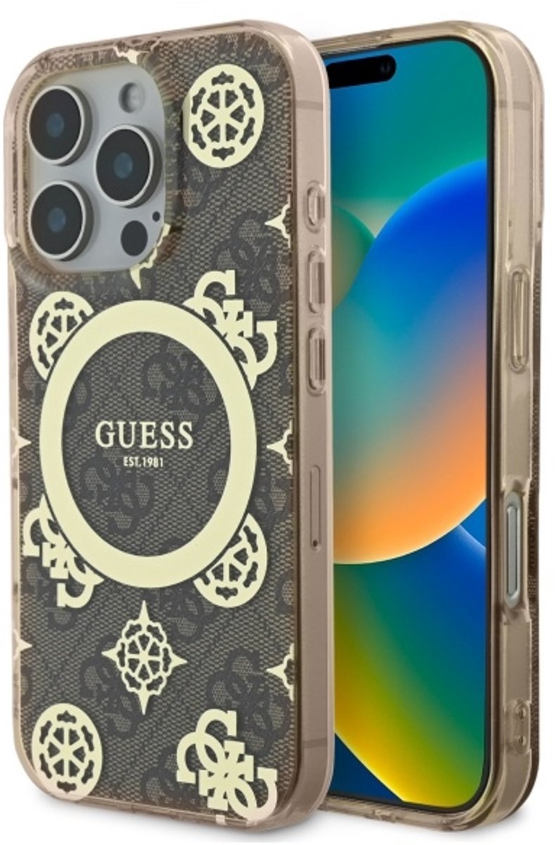 Guess iPhone 16 Pro Backcover hoesje Magsafe IML peony - Bruin