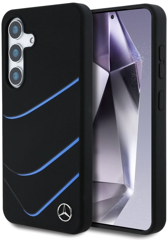 Zwarte Mercedes-Benz telefoonhoes met blauwe lijnen en logo, getoond naast een telefoon.