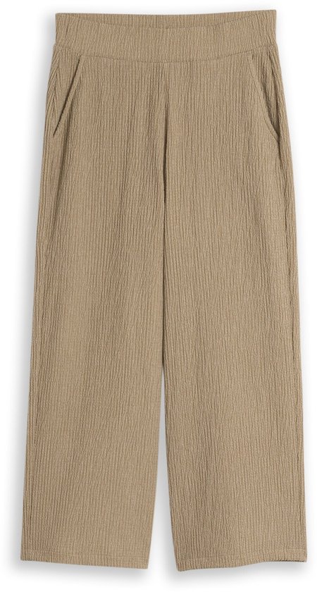 Olijfwitte culottebroek met structuur en steekzakken, platliggend.