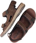 Twee bruine suède herensandalen met klittenbandsluitingen en Rohde logo.