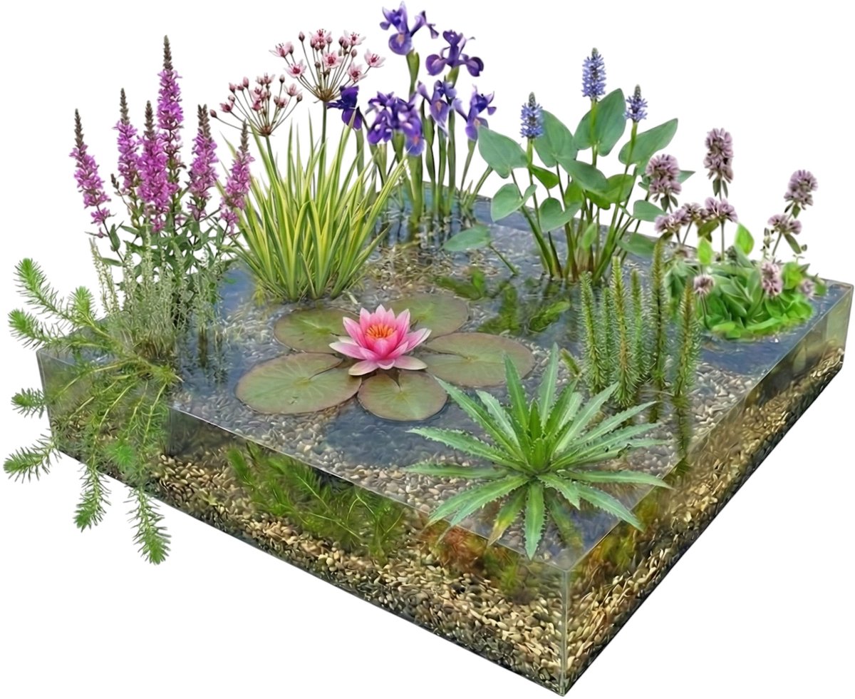 vdvelde.com - Compleet vijverpakket roze 500-1.250L - Roze waterlelie Nymphaea Pink Opal met oever- en zuurstofplanten, vijvermandjes, substraat & BACTA CLEAR - Direct planten
