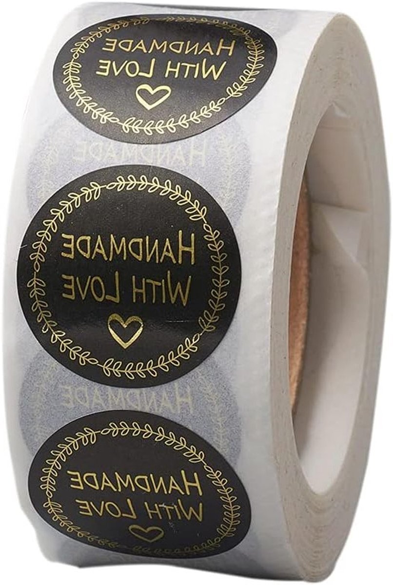 5 Rollen Handgemaakte Stickers met Liefde - 1 Inch Rond, Zwart met Gouden Tekst, Zelfklevende Labels voor Bakken, Cadeaus en Decoratie