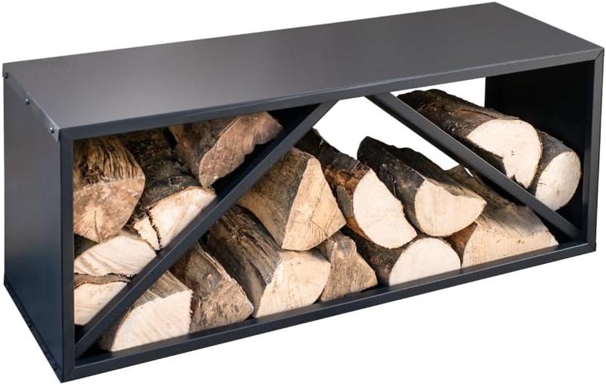 Haardhoutrek - Houtopslag - Buitenhaard - Stalen Constructie - 104x34x40 cm - Zwart