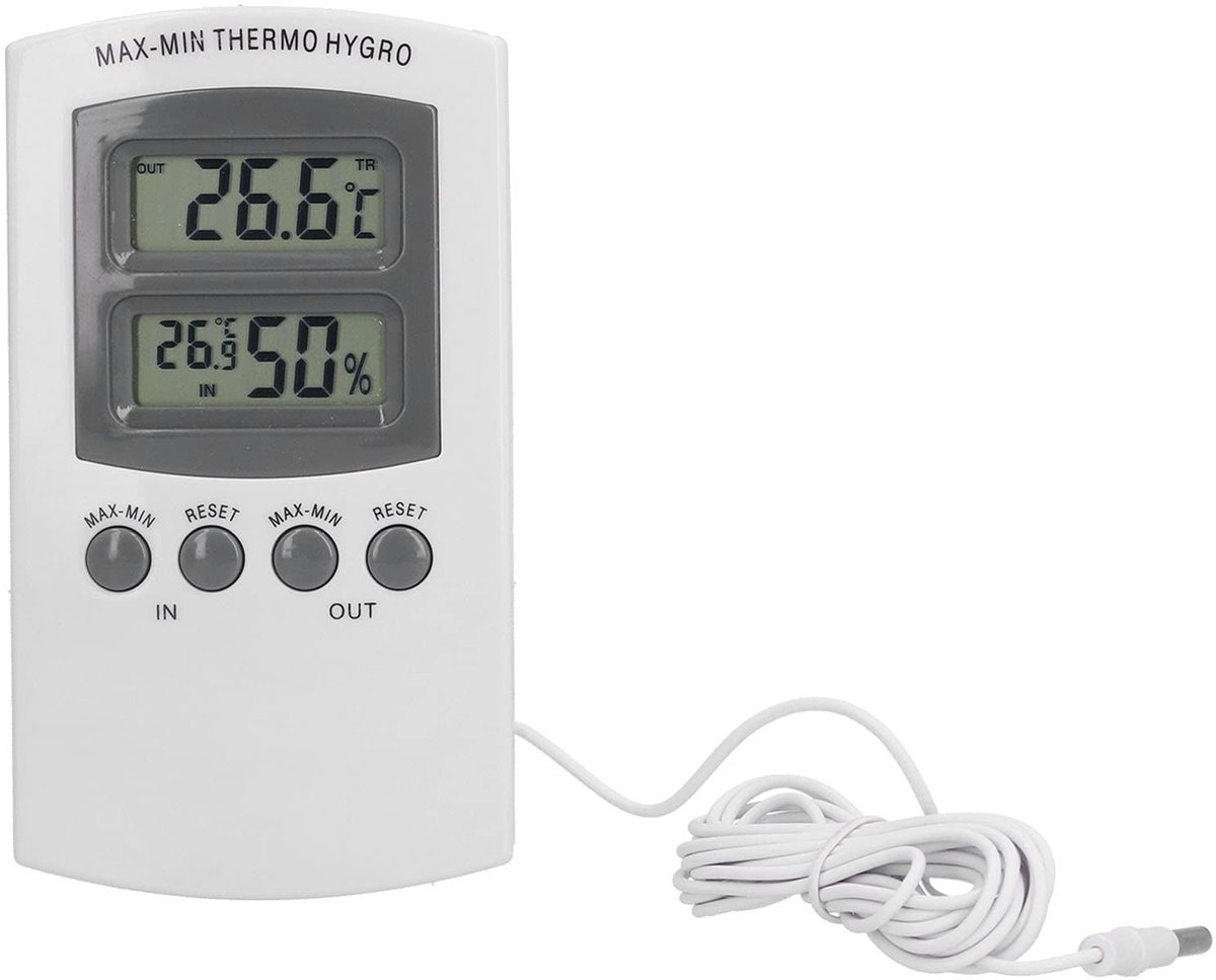 VT Goods - Digitale hygrometer-thermometer - Nauwkeurig - Voor buiten - Batterijgevoed - Min-max waarde - Geschikt voor kamerkas en incubator