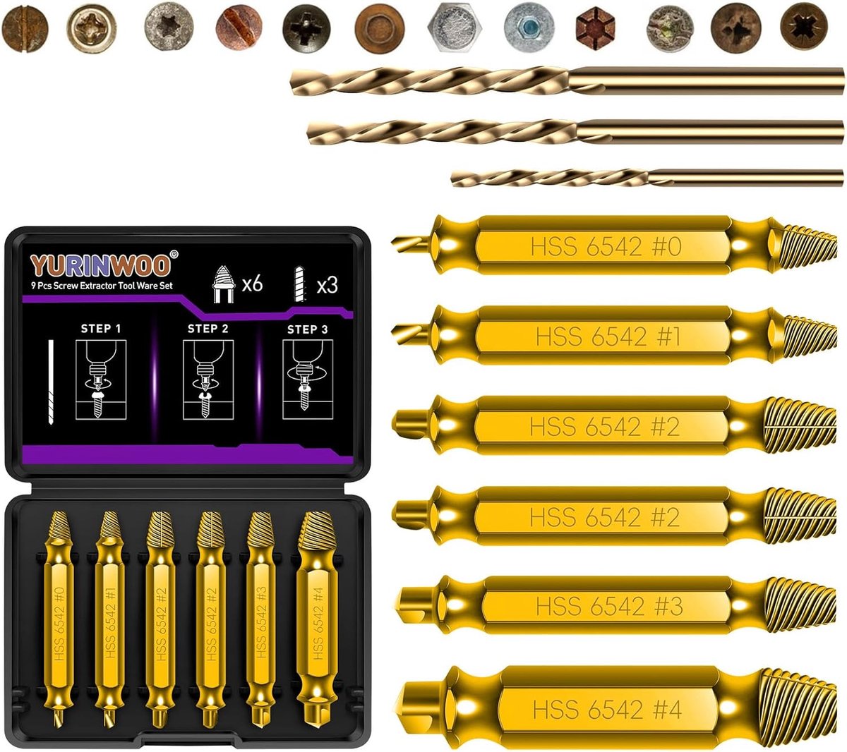 9 Pieces Titanium Coating Schroevendraaier Set - HSS 6542 Hardheid HRC 80 - Links Draaiend Kit voor Boren en Verwijderen van Beschadigde Schroeven