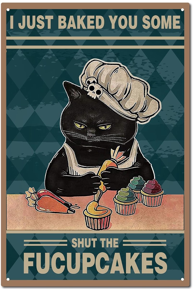 Vt products - Zwarte kat bord - Vintage muurdecoratie - 30x20 cm - Retro keuken decoratie - Metalen plaat voor bakkerij en café