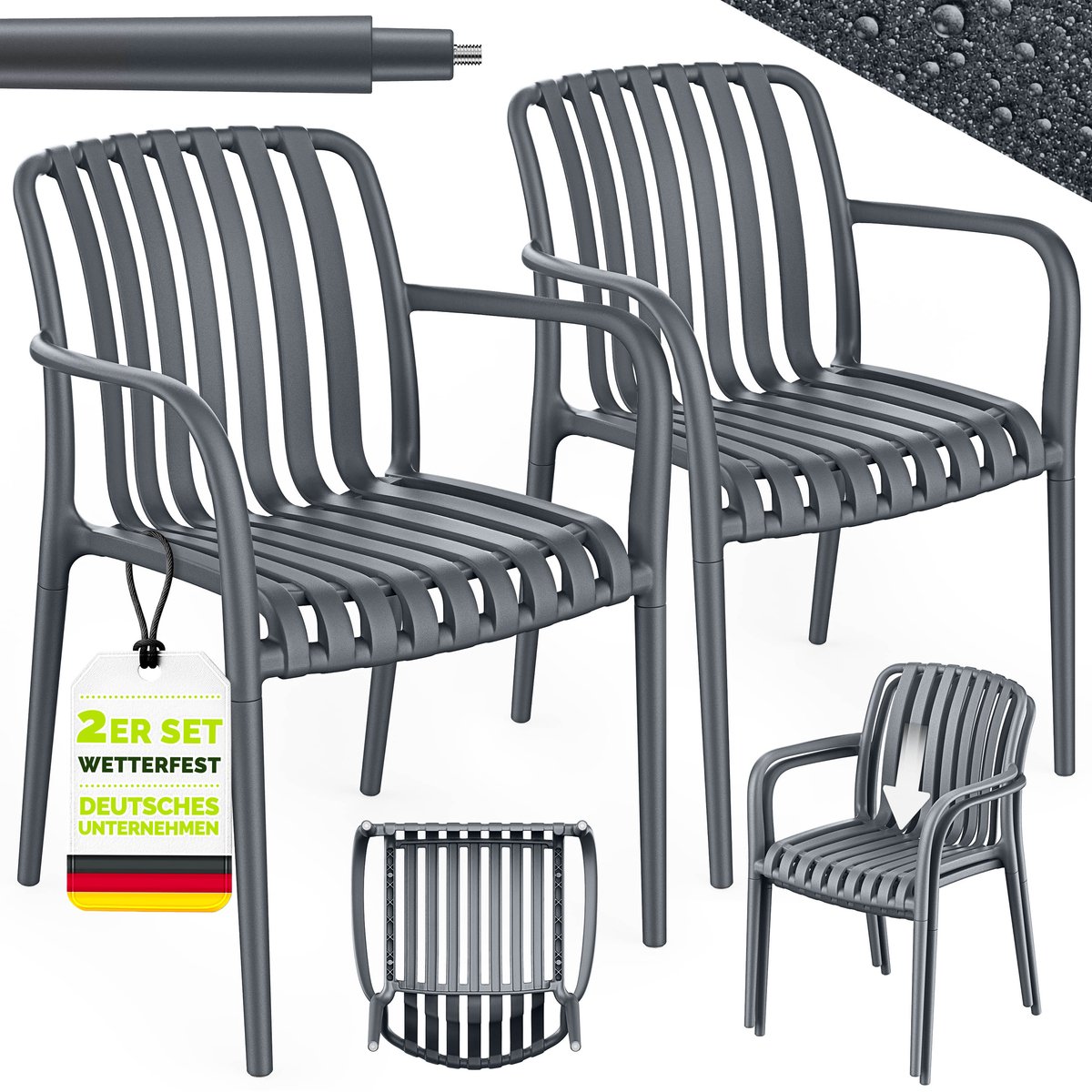 tillvex® Tuinstoelen 2-delige Set Stapelbaar Weerbestendig met Armleuning | Outdoor Stoelen tot 120kg Belastbaar | Tuinstoelen Outdoor | Terrasstoel Tuinmeubelen Balkon Tuin Terras