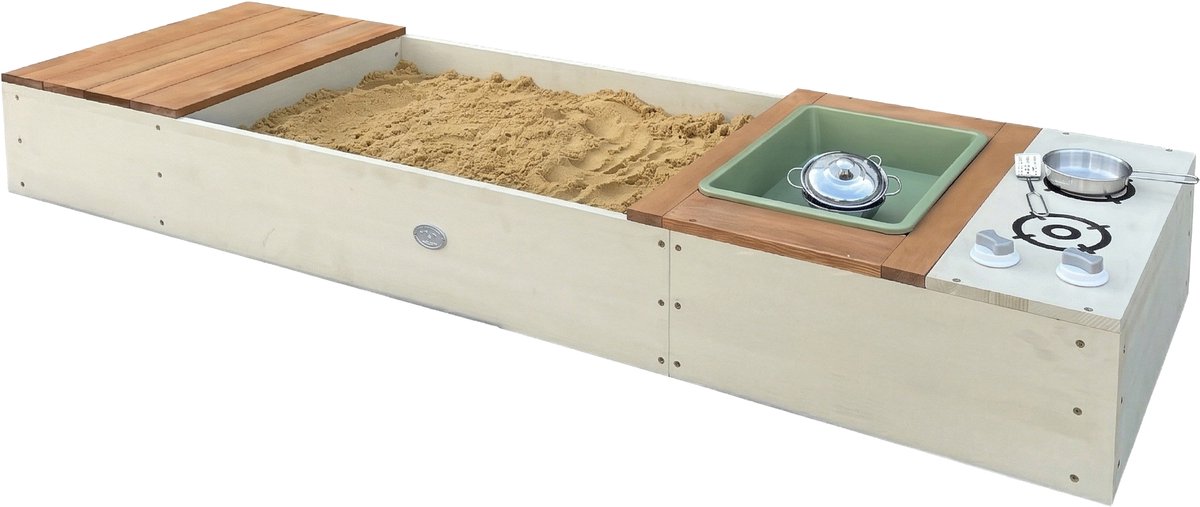 AXI Pippa Zandbak met speelkeuken en opbergbank 160 x 50 cm Beige/bruin – FSC 100% hemlock hout – Met Zand en Waterbak – Met 6-delige Speelgoed Kookset – Met Hoes en Grondzeil – 10 jaar garantie