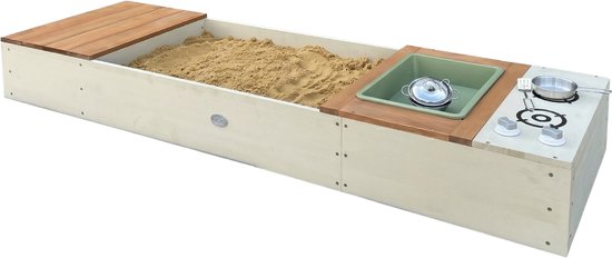 AXI Pippa Zandbak met speelkeuken en opbergbank 160 x 50 cm Beige/bruin – FSC 100% hemlock hout – Met Zand en Waterbak – Met 6-delige Speelgoed Kookset – Met Hoes en Grondzeil – 10 jaar garantie