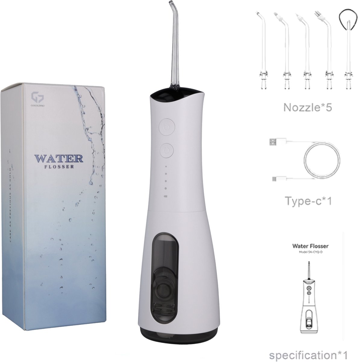 GoGoldPro - Waterflosser – Tandsteen verwijderaar – Mondspoeling, Monddouche – LED – Flosapparaten - Mondhygiëne & Tandverzorging - Wit