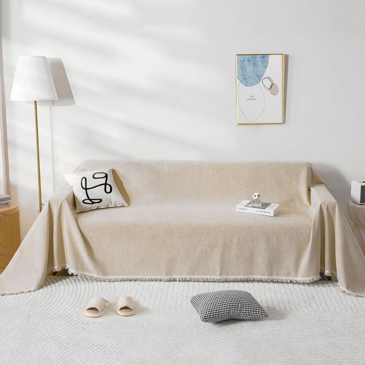 Sofadeken Chenille - Bankbeschermer - Meubels Beschermen - Antislip met franjes - 180 x 180 cm - Kaki