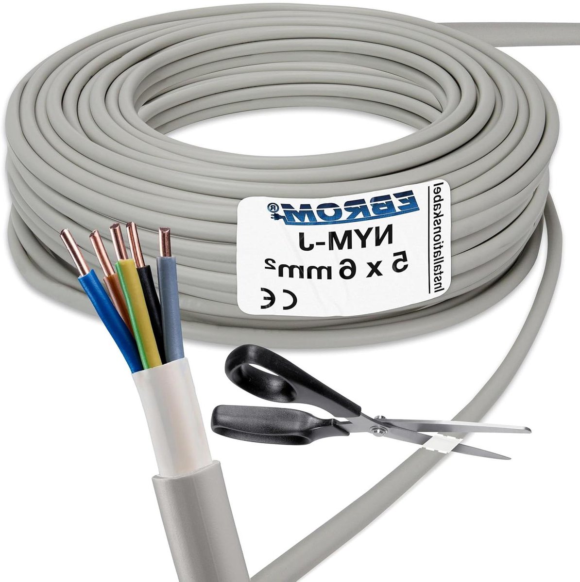 Installatiekabel NYM-J - Mantelkabel Vochtige ruimtes - Vaste elektrische installatie - Vlamvertragend CE gecertificeerd - 5x6 mm² 32 meter - Grijs
