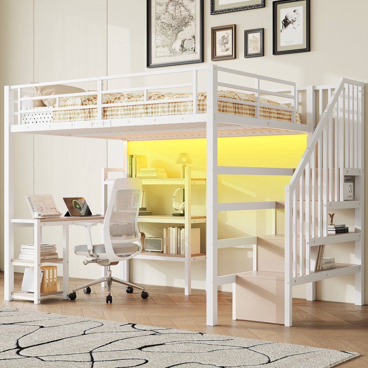 Sweiko Hoogslaper - 140 x 200 cm - Metalen frame - Met bureau - Opbergplanken - USB-oplaadpoort - LED-verlichting - Wit