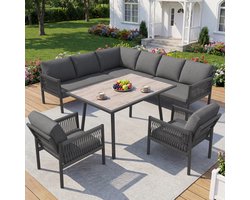 MODENUIT Tuinloungeset 7-8 Personen - Met Tafel En Fauteuils - Voor Tuin En Balkon - Metaal Glas Polyester - Grijs