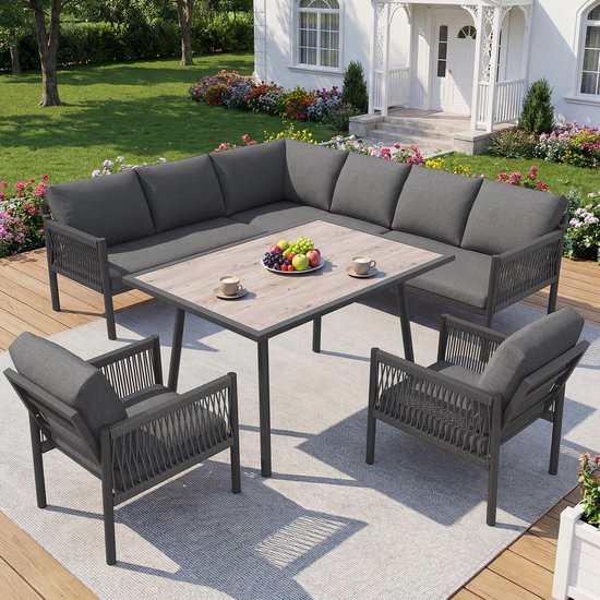 MODENUIT Tuinloungeset 7-8 Personen - Met Tafel En Fauteuils - Voor Tuin En Balkon - Metaal Glas Polyester - Grijs