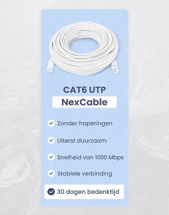 Witte NexCable CAT6 UTP netwerkkabel, opgerold, met RJ45 connectoren. Biedt snelheid van 1000 Mbps en stabiele verbinding.