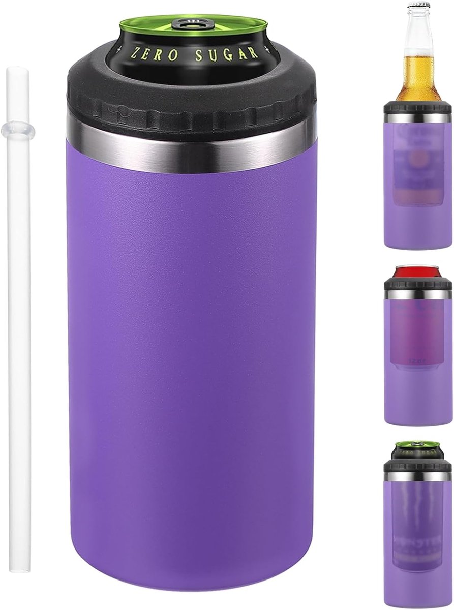 Slim Can Cooler - 16oz - Geïsoleerde Drinkhouder voor Bier - Frisdrank - Koffie - Gewone Blikjes en Flessen - Paars