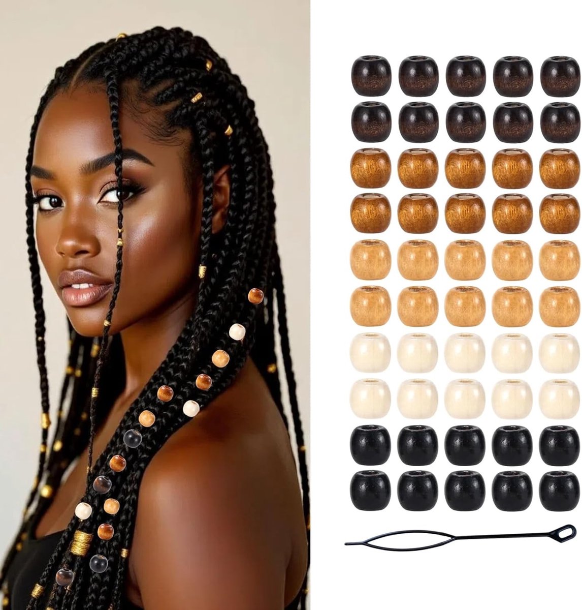 100 Stuks Houten Haar Kralen voor Vlechten - Dreadlocks Natuurlijke Houten Kralen 12x11mm met Draadhulpmiddel voor Hairstyling DIY Sieraden
