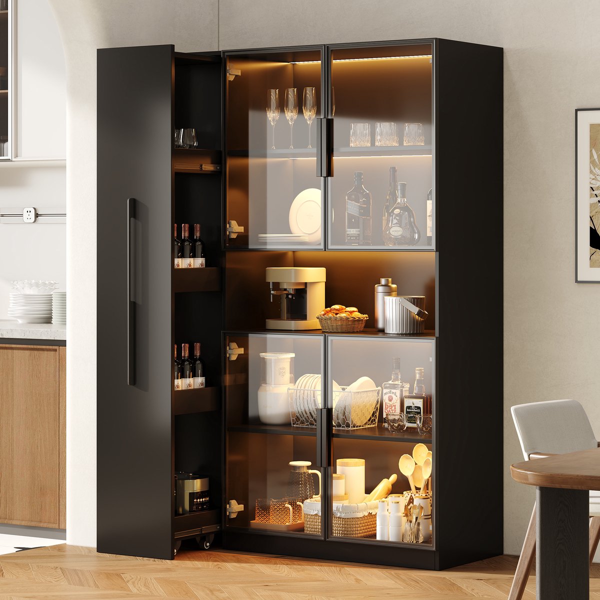 MIVRAY Vitrinekast - Ledverlichting En Uitschuifbare Rekken - Voor Woonkamer En Keuken - MDF - 110x35x160 Cm - Zwart