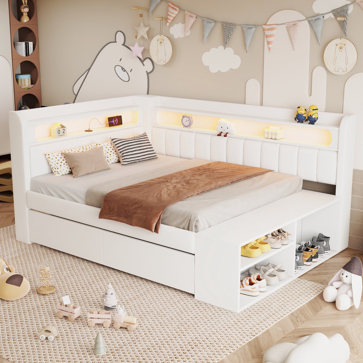 MODFU Bedbank 90x200 cm – Wit Gestoffeerd – Met LED (7 kleuren), USB, 2 Laden & Schoenenkast – Max. 150 kg – 12 Latten – Bank, Bed en Opbergruimte in één – Perfect voor Logeerkamer