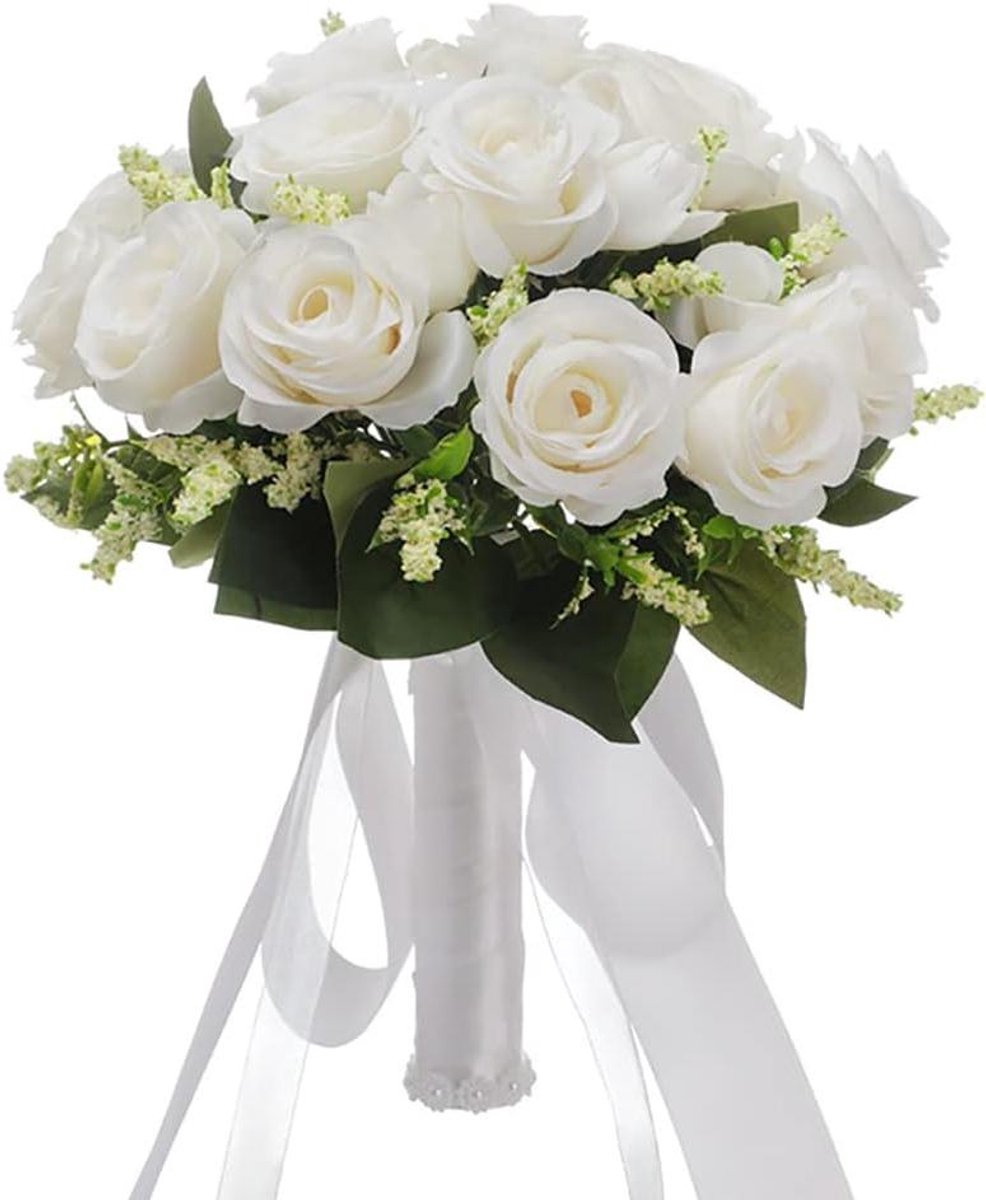 Bruidsboeket - Bruiloft Bloemen - Bruiloft Versieren - Handgemaakt - 27 x 23 cm - Champagne Wit