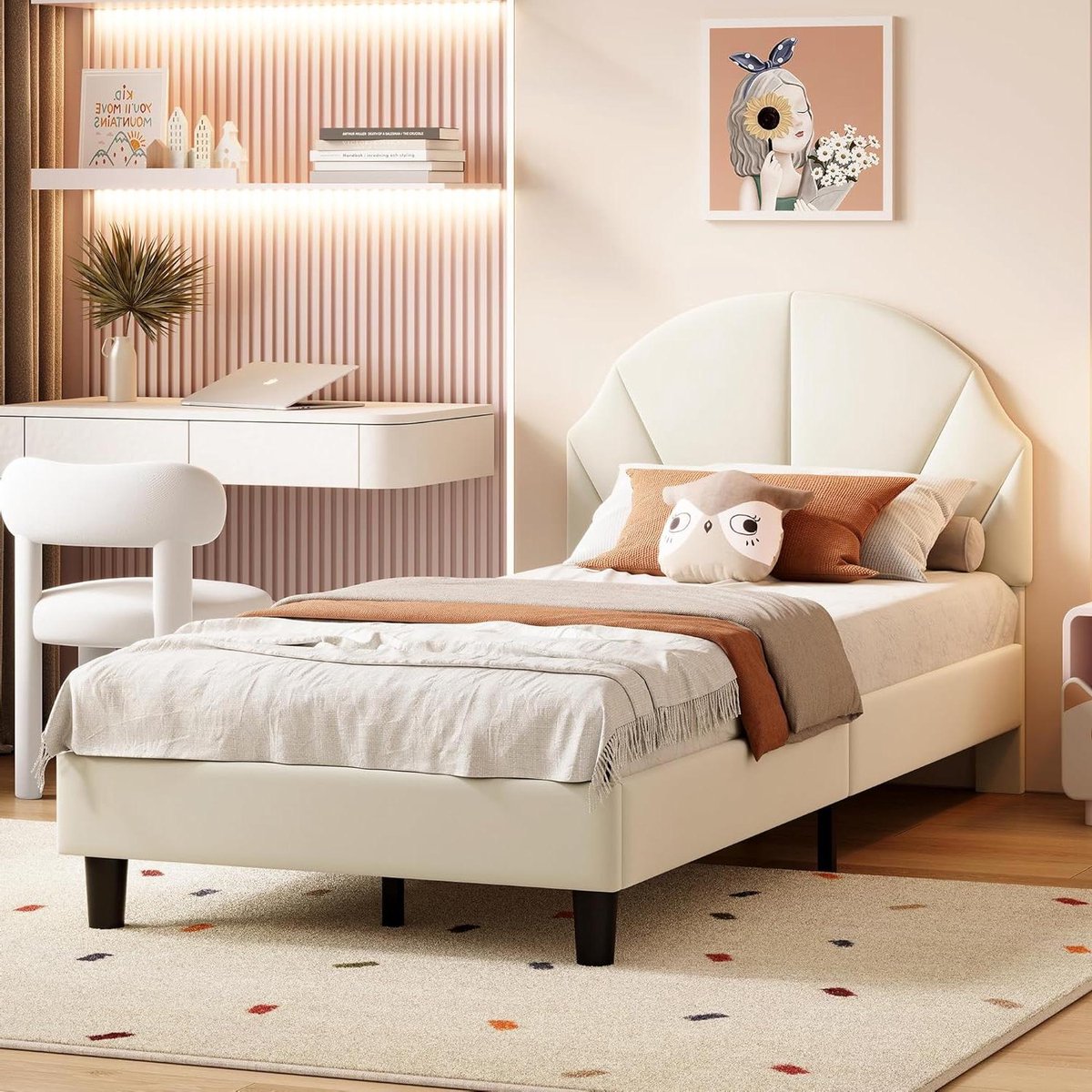 Eenpersoonsbed - Kinderbed Meisjes - Slaapkamer Inrichten - Verstelbaar Hoofdeinde - 90 x 200 cm - Beige