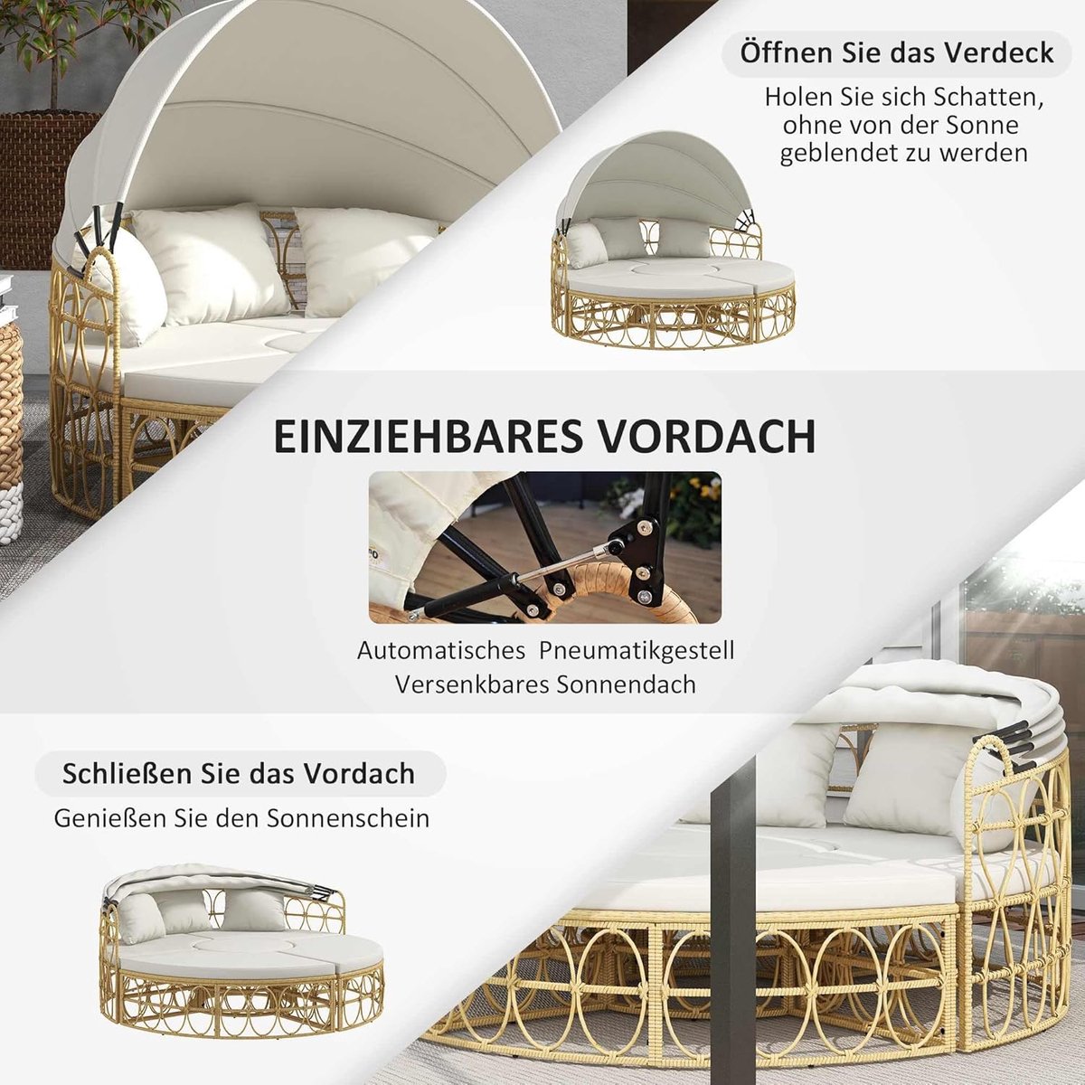 Garden Lounge Set Sun Island 4-Piece – Outdoor Rattan Loungeset with Folding Canopy, Sofa, 2 Stools & Coffee Table – Weatherproof Patio Furniture Set with Cushions – Cream White – abtkantoor
