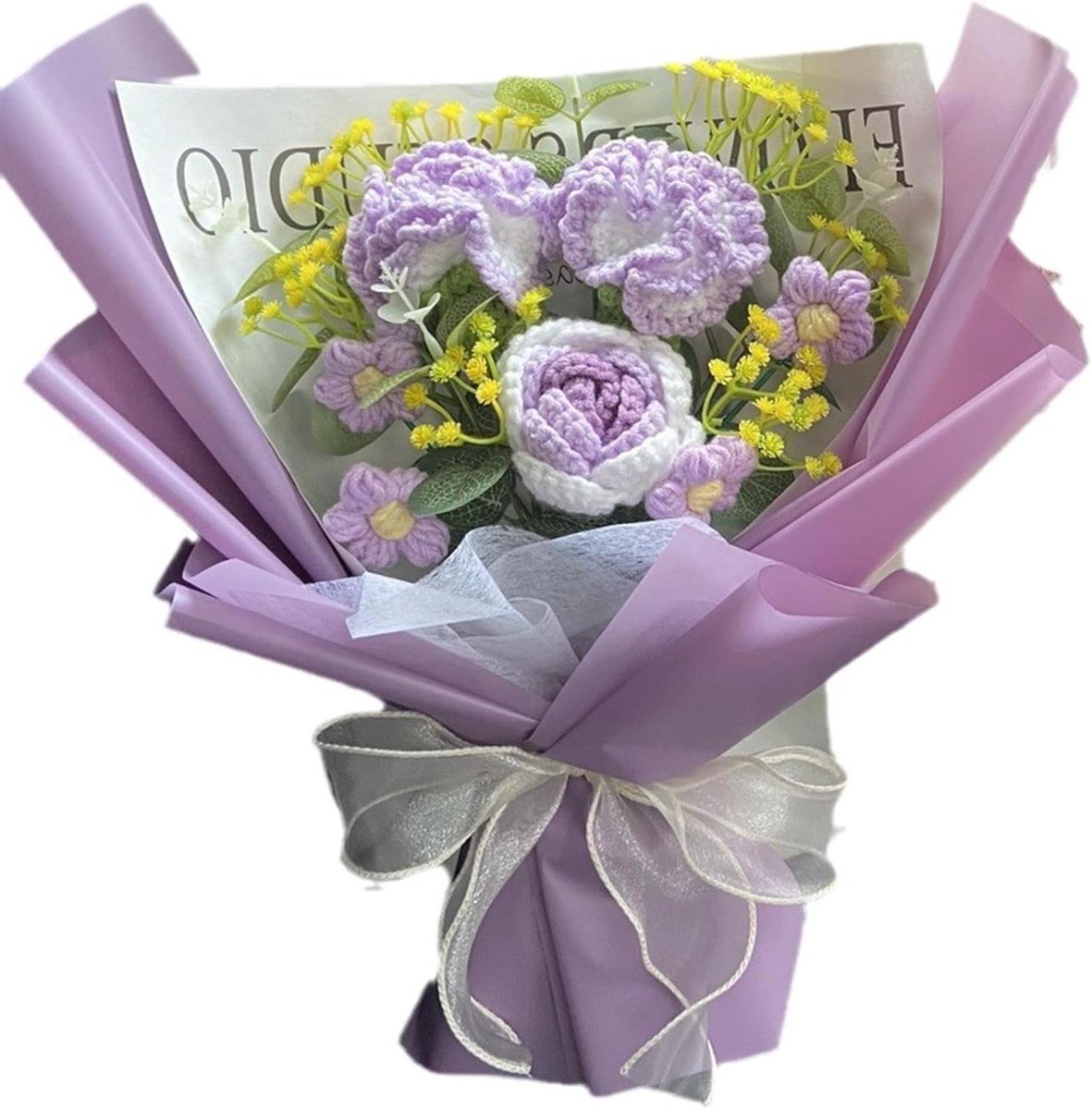 Gehaakte bloemen - Bloemboeket - Cadeau geven - Handgemaakt met detail - 35 x 25 x 7 cm - Paars