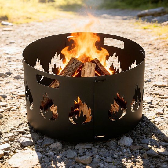 Zwarte metalen vuurkorf met vlamuitsparingen, gevuld met brandend hout.