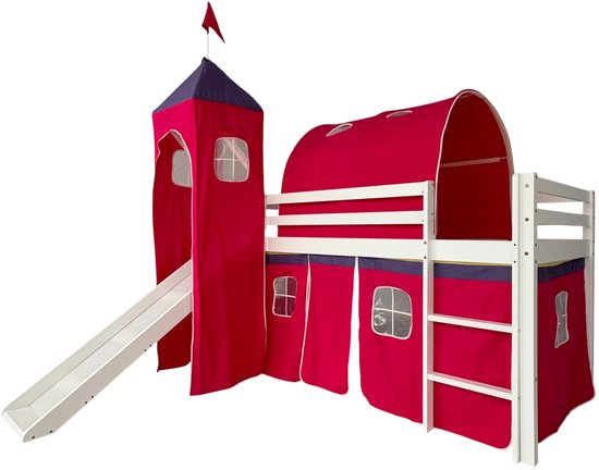Halfhoogslaper met glijbaan en tent voor kinderen 90x190 cm | Kasteel speelbed van wit grenenhout met ladder en katoenen tent (zonder matras)