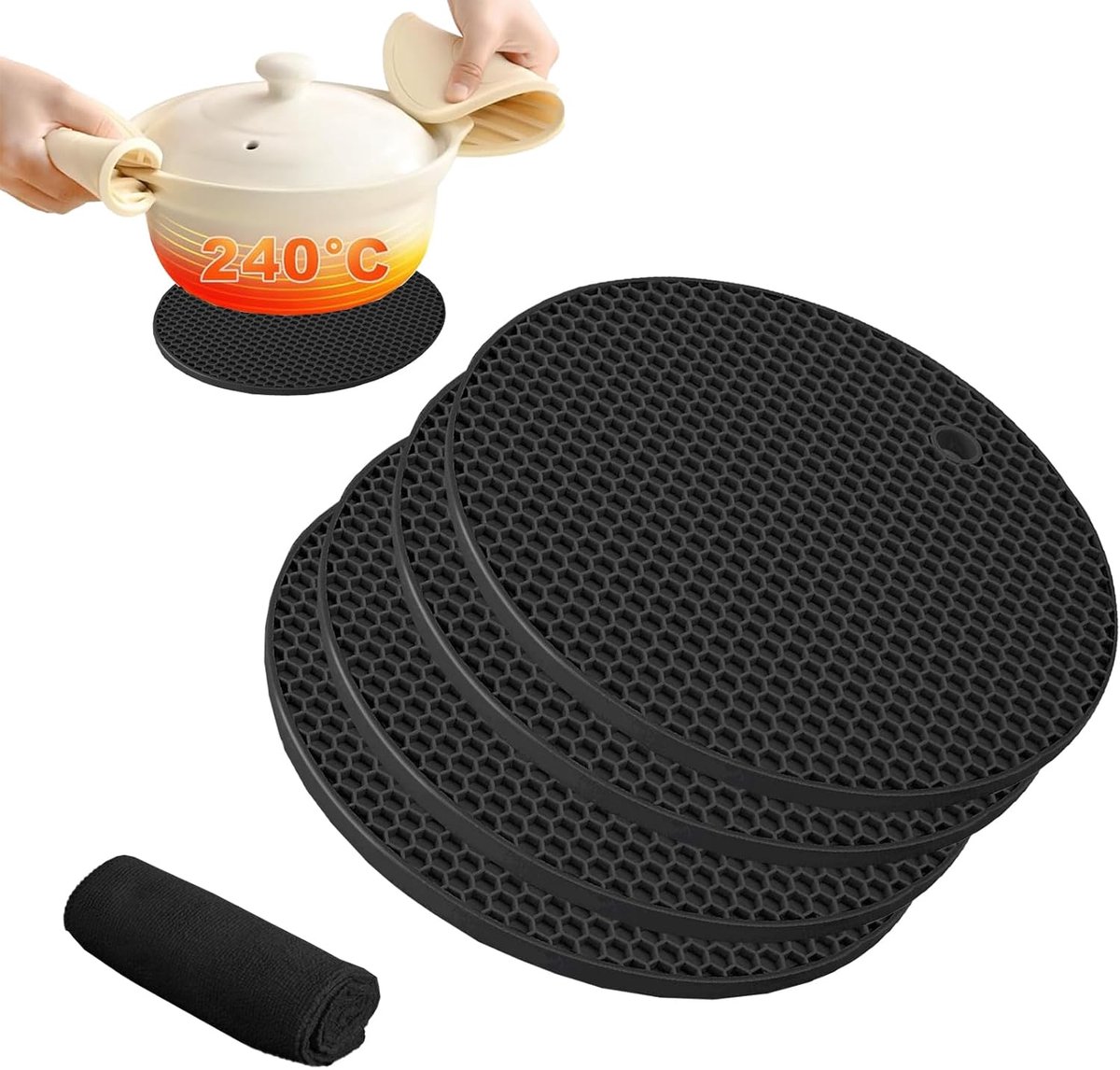 Set van 4 Siliconen Onderzetters / Pannenonderzetters (18cm, 6mm) Hittebestendig tot 240°C, Antislip en Vaatwasmachinebestendig, Zwart