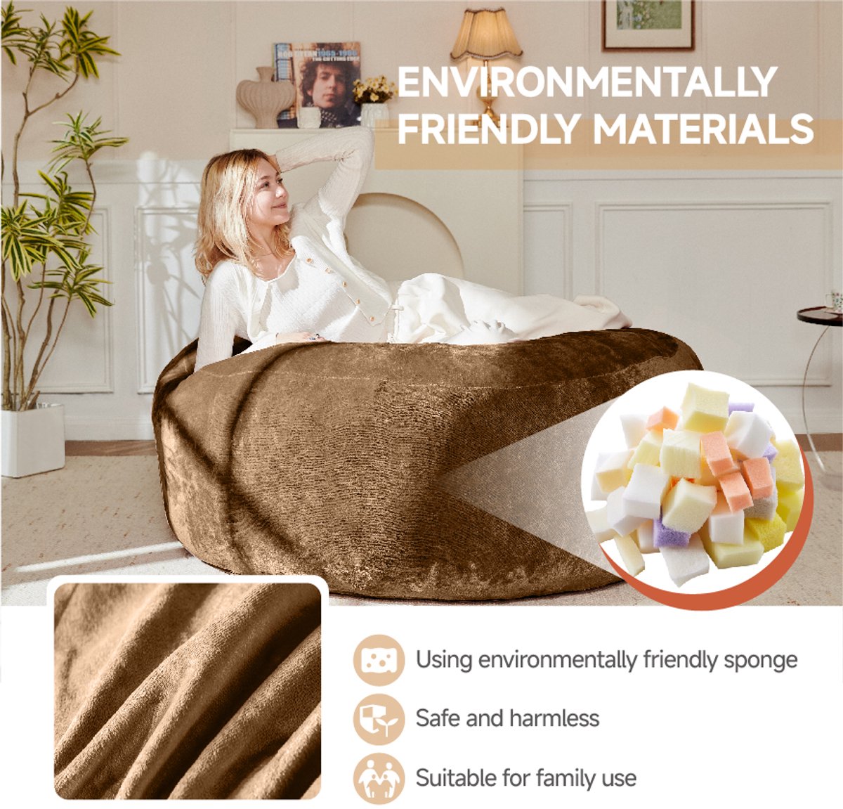 MODENUIT Zitzakstoel 4-Voet - Vormbare Zit- en Ligfunctie - Voor Slaapkamer, Balkon en Leeshoek - Spons Koffie