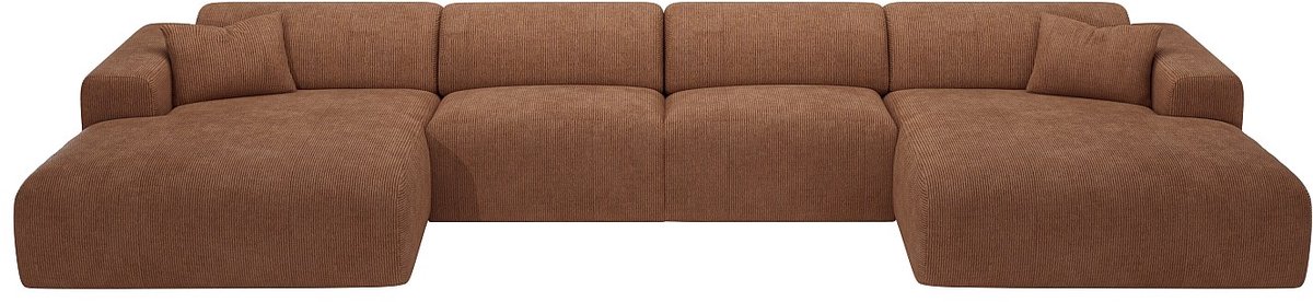 Vente-unique Grote, panoramische hoekbank in terracotta ribfluweel met fijne ribbels POGNI van Maison Céphy