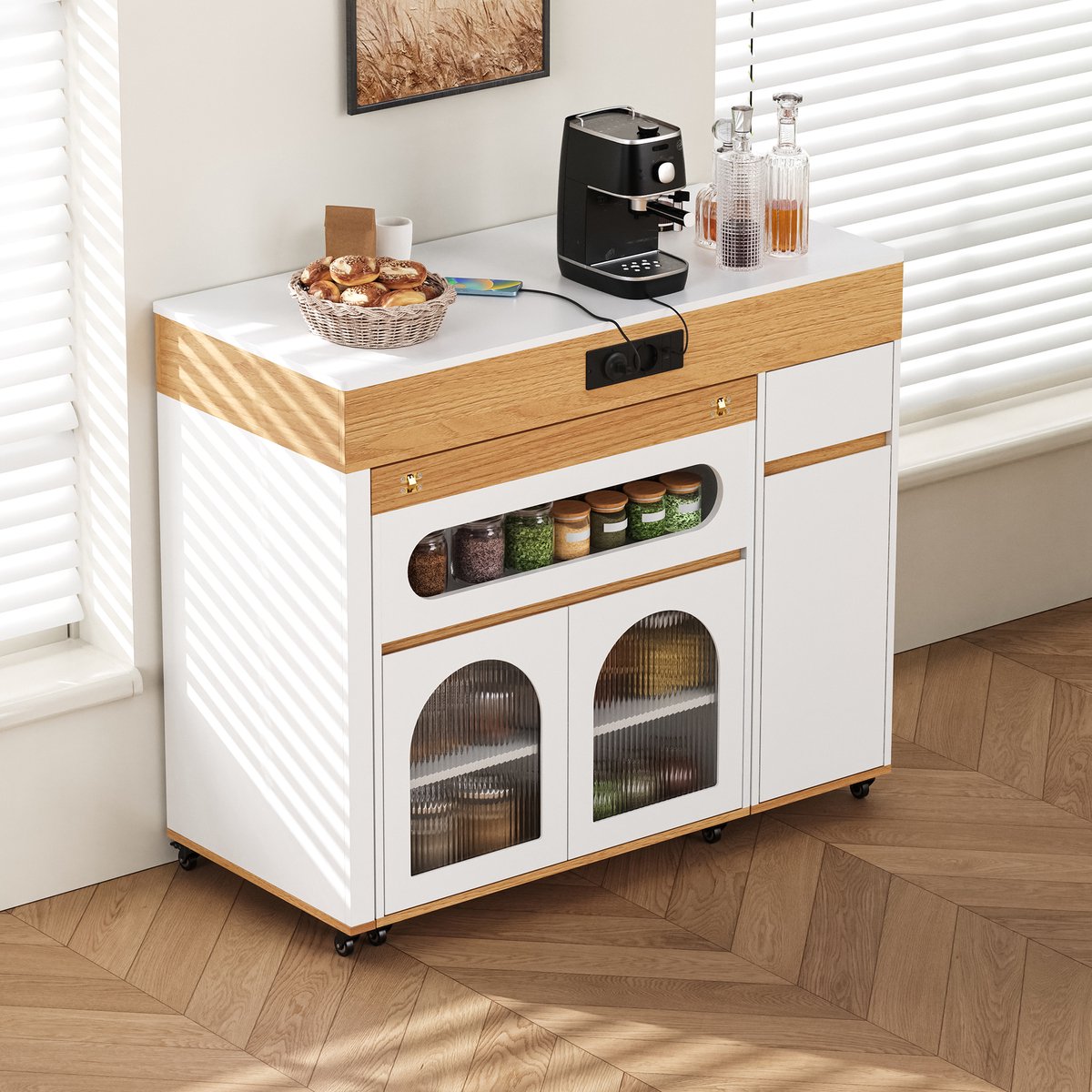MIVRAY Keukeneiland - Uitschuifbare Eettafel Met Stopcontacten En Opbergruimte - Voor Keuken En Eetkamer - Wit Naturel