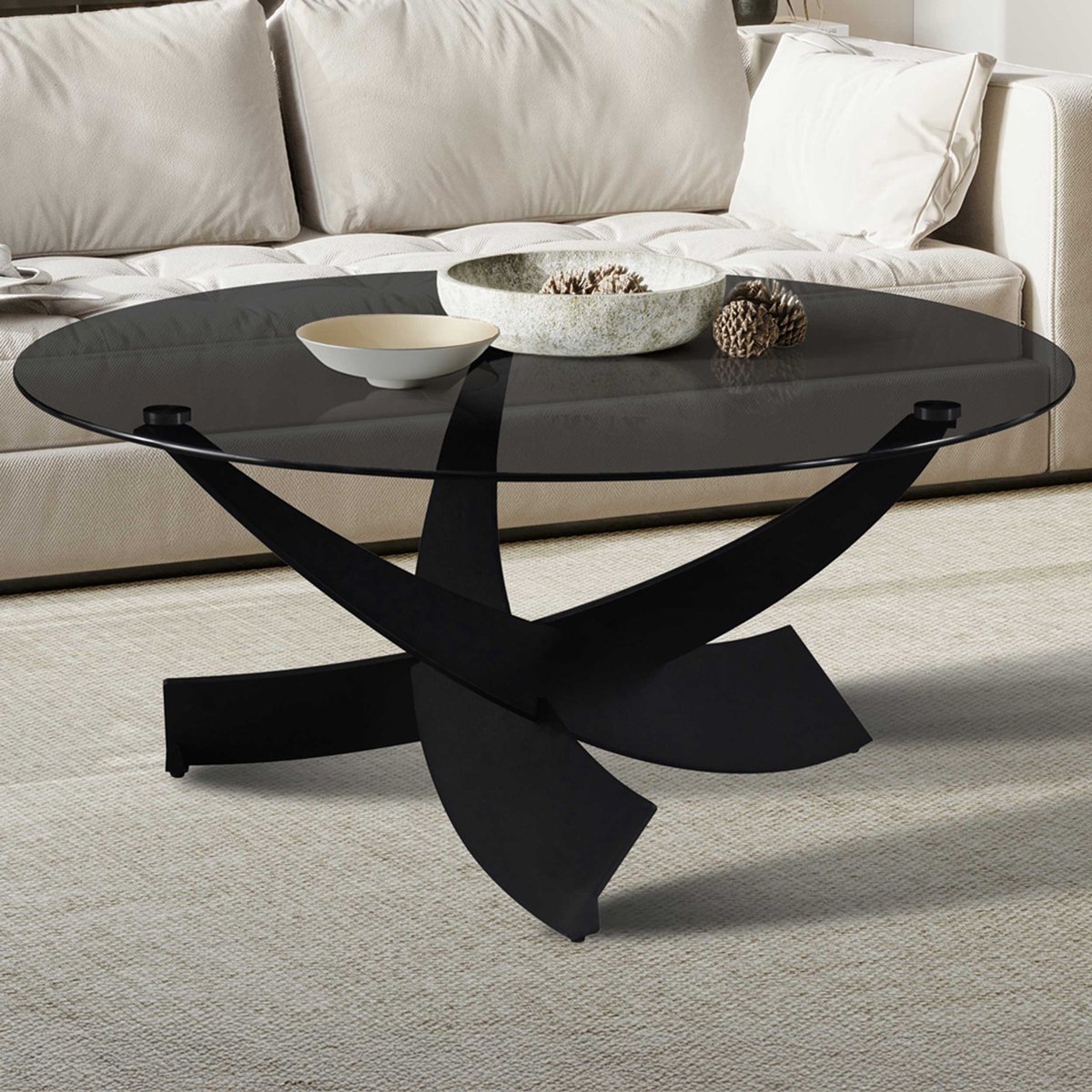 Salontafel Weston - Ø90x41cm - Glas & Metaal - Zwart