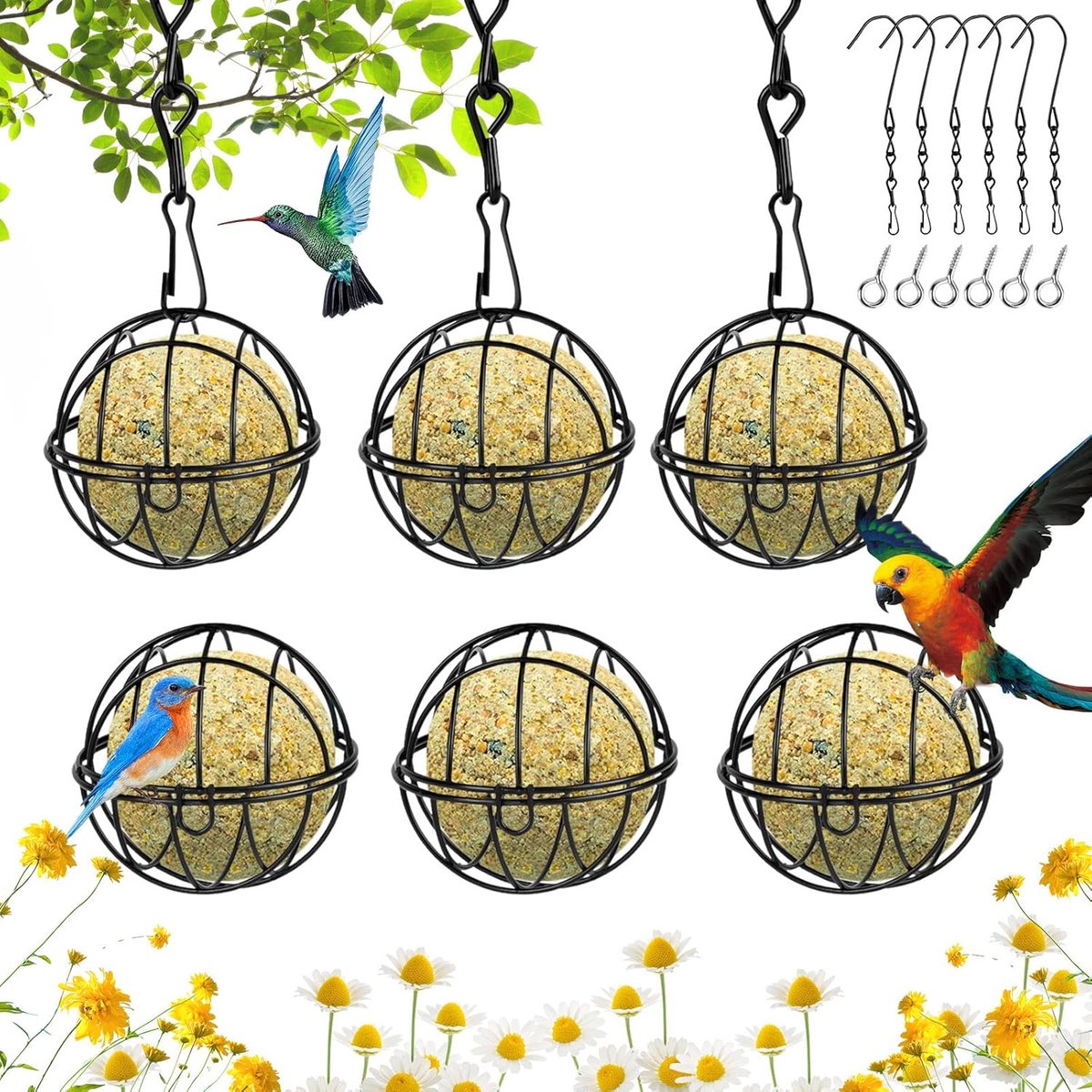 JeiibrZui 6 Stuks Vogelvoederdispenser - 7 Cm Diameter - Metalen Mezenbollenhouder Met S-Haken - Zwart - Voor Tuin En Balkon